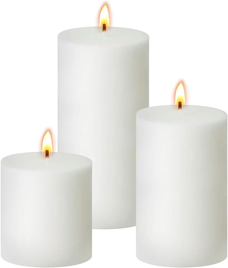 NIKY White Unscented Pillar Candles 3-Pack – Dripless & Smokeless, Long-Burning Thick Candles (2",3",4" Heights) for Weddings, Home Decor & Serene Ambiance - Image 1